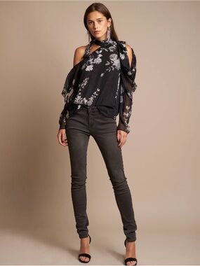 Floral Cold-Shoulder Chiffon Blouse in Black